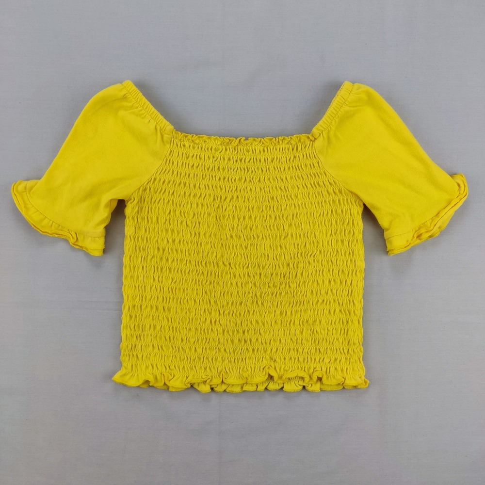 1775 Smocked Top Girls Size L 6X Yellow Short Sleeve Ruffle Hem Square Neck